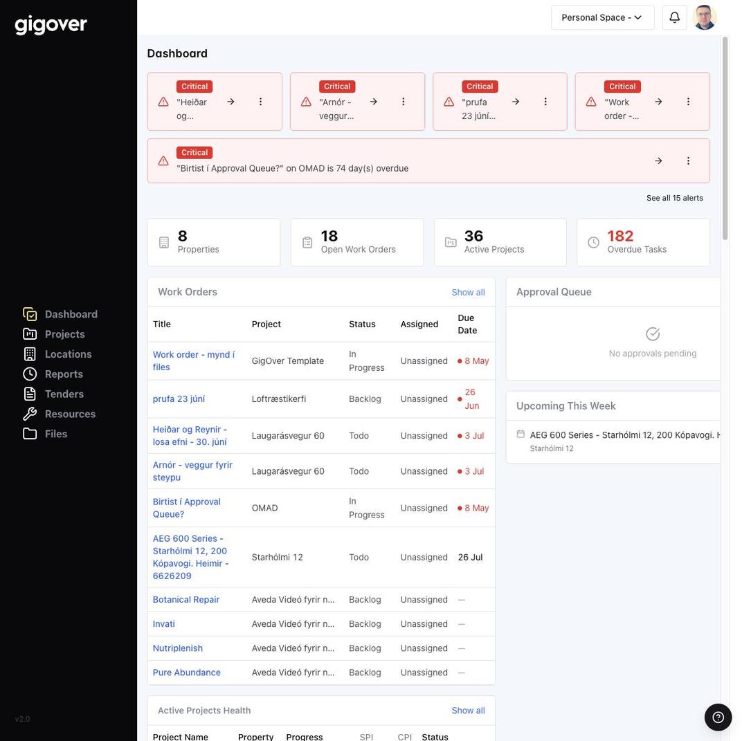 Gigover dashboard showing critical alerts, 8 properties, 18 open work orders and 36 active projects