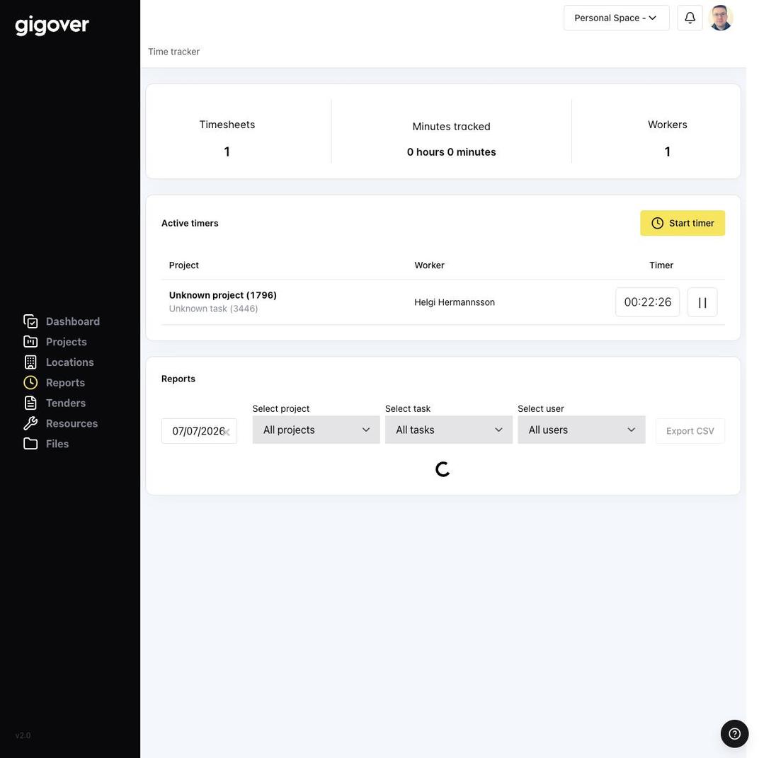 Gigover reports and time tracker showing cost data