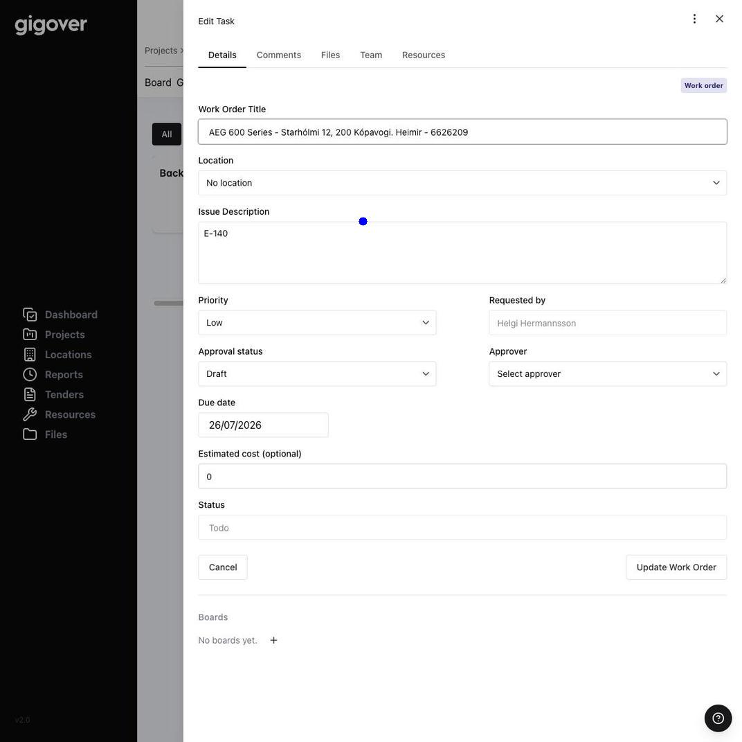 Gigover work order detail showing approval status, priority, requested by and approver fields